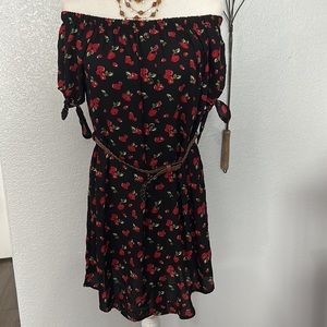 Stella Tweed. Black red rose on/off the shoulder dress.